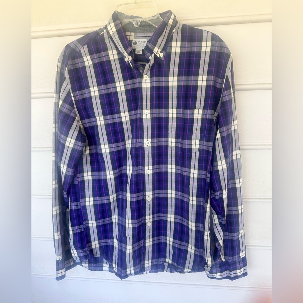 J. Crew Men's Blue and White Plaid Shirt